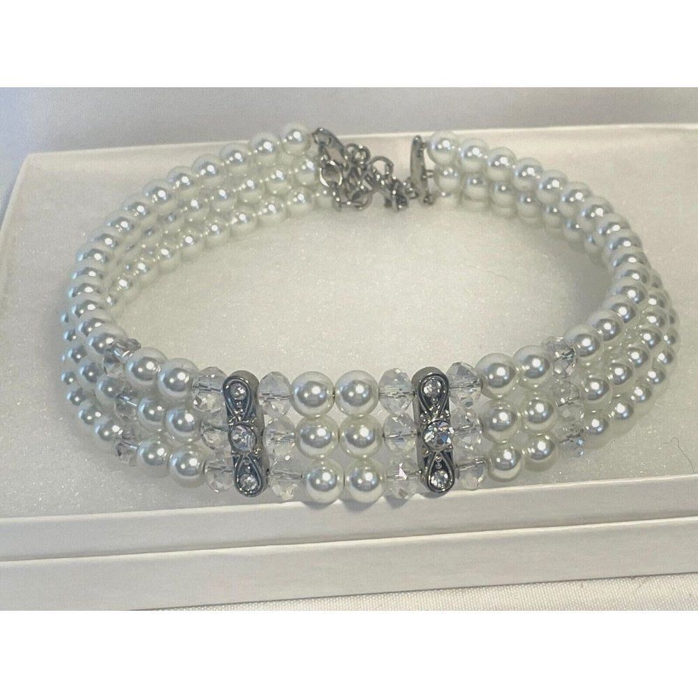 Kissaka‎ Necklace Pearl Bead & Crystals Multi Strand Choker Necklace 13-16"